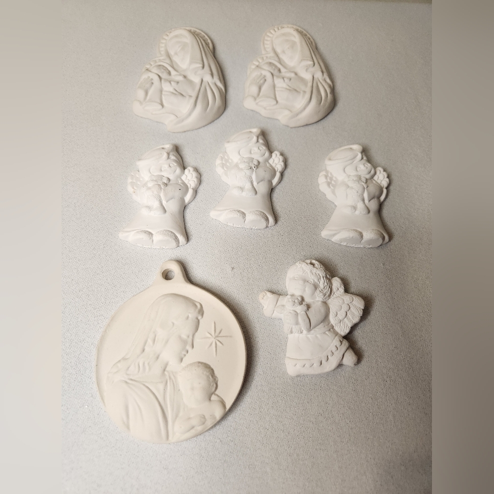 Lot Of 7 Unpainted Ceramic Bisque Religious Theme Diy Christmas Ornaments Angels